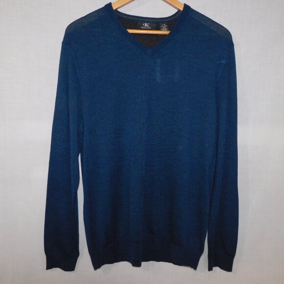 Calvin Klein Mens L Blue V Neck Merino Wool Light Sweater New w Tag - Picture 1 of 9